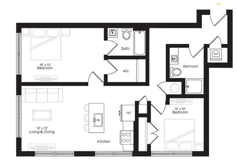 Floor plan for 2 beds, 2 baths, 949 sqft
